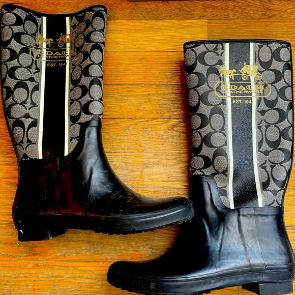 Stylish Black & Gray Coach Rain Or Winter Tall Boots